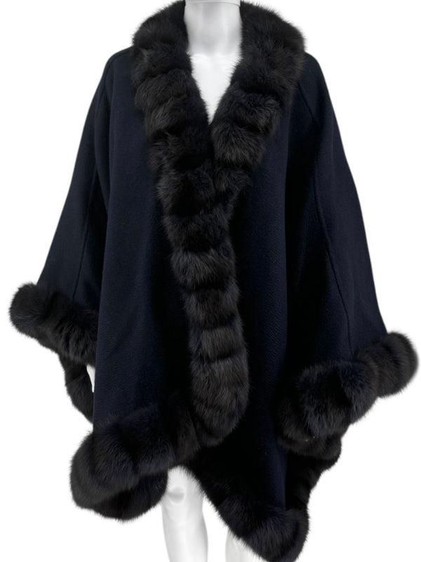 Pamella Roland Navy Cashmere Blend Cape with Genuine Fur Trim - One Size