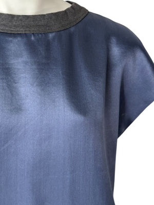 Brunello Cucinelli Navy Silk Shift Dress with Contrast Trim – Size XL- NEW
