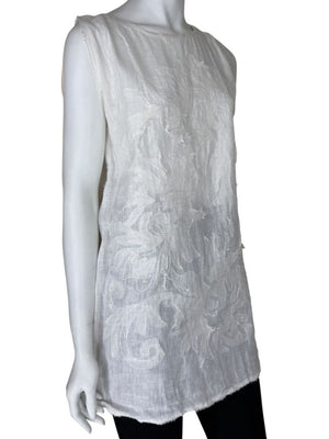 Fendi White Linen Sleeveless Tunic with Textured Floral Appliqué – Size L