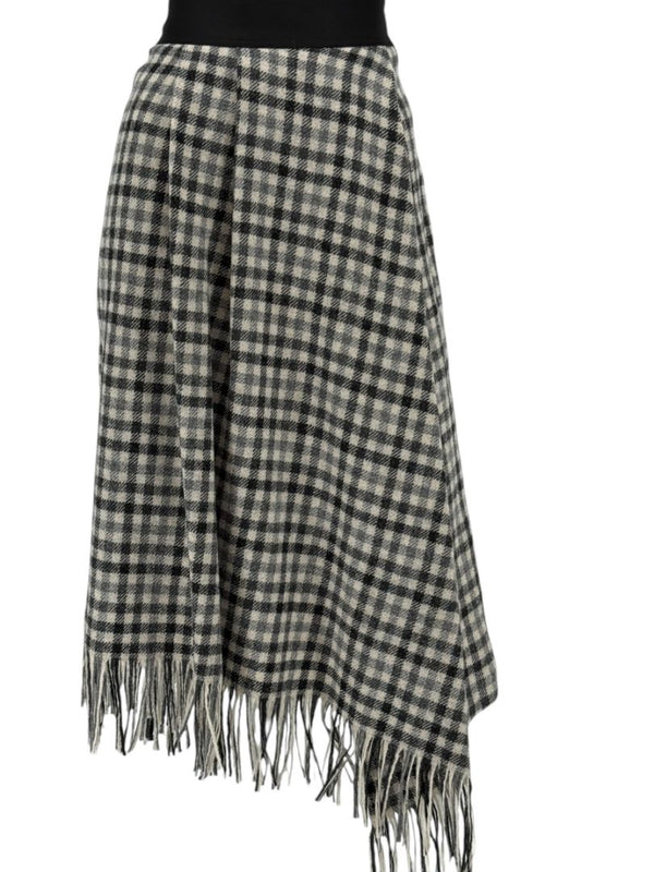 Brunello Cucinelli Black & Ivory Checked Wool Skirt with Fringe Hem – Size IT 44 (US 8)