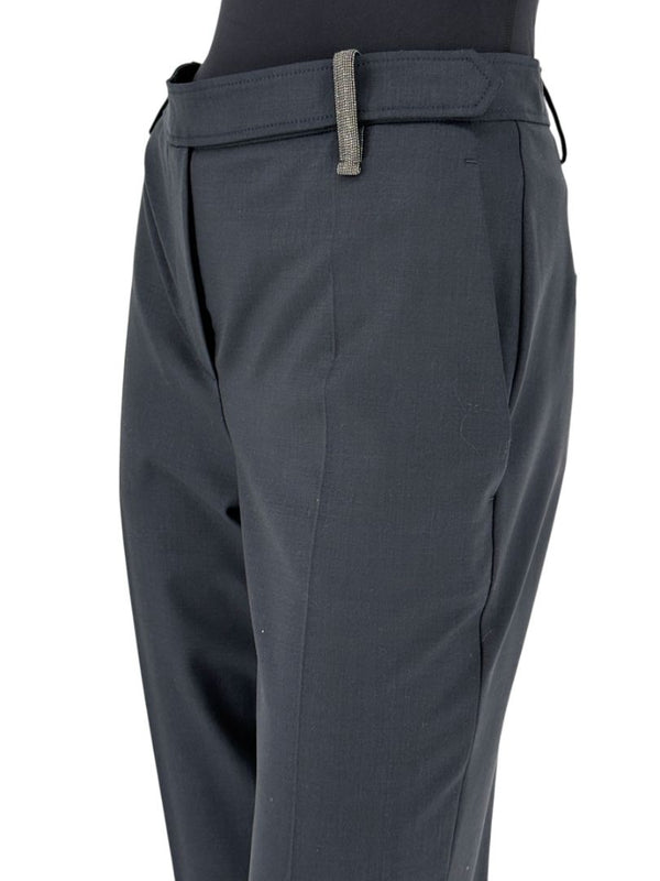 Brunello Cucinelli Charcoal Wool-Blend Trousers with Monili Detail – Size IT 46 (FR 42 / US 10 / DE 40)