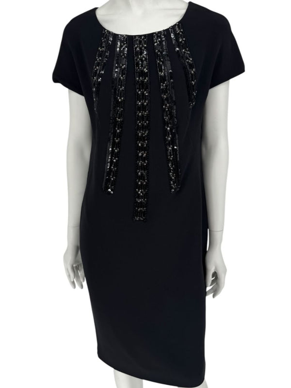 Pamella Roland Black Sequin Embellished Short Sleeve Cocktail Dress – Large