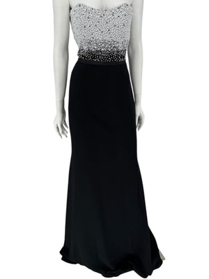 Pamella Roland Black Strapless Gown Silver Pearl Crystal Beaded Bodice Size 8 Evening Dress
