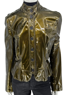 Burberry London Metallic Olive Green Leather Jacket – Size UK 12 / US 10