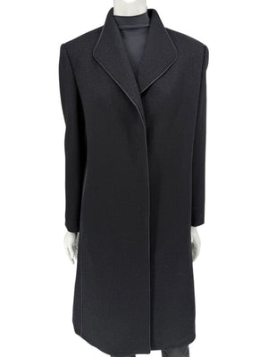 Pamella Roland Black Longline Coat Piped Trim Open Front Designer Outerwear Fits L