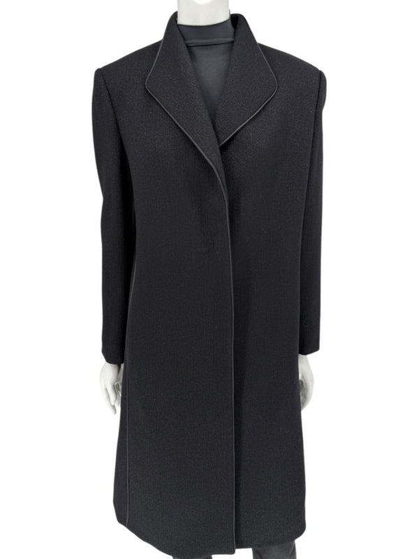Pamella Roland Black Longline Coat Piped Trim Open Front Designer Outerwear Fits L