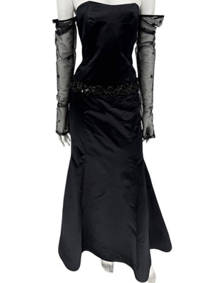 Pamella Roland Black Strapless Evening Dress Embellished Waist Sheer Sleeve Formal Gown - Size 6
