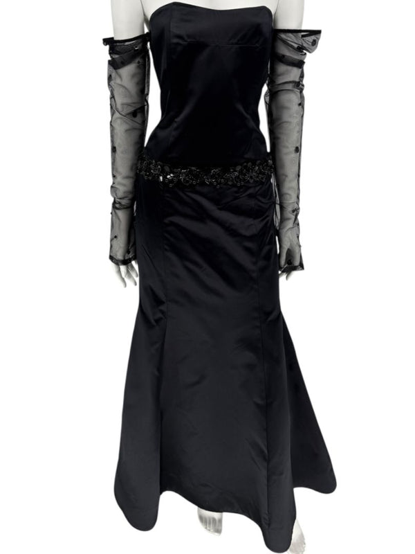 Pamella Roland Black Strapless Evening Dress Embellished Waist Sheer Sleeve Formal Gown - Size 6