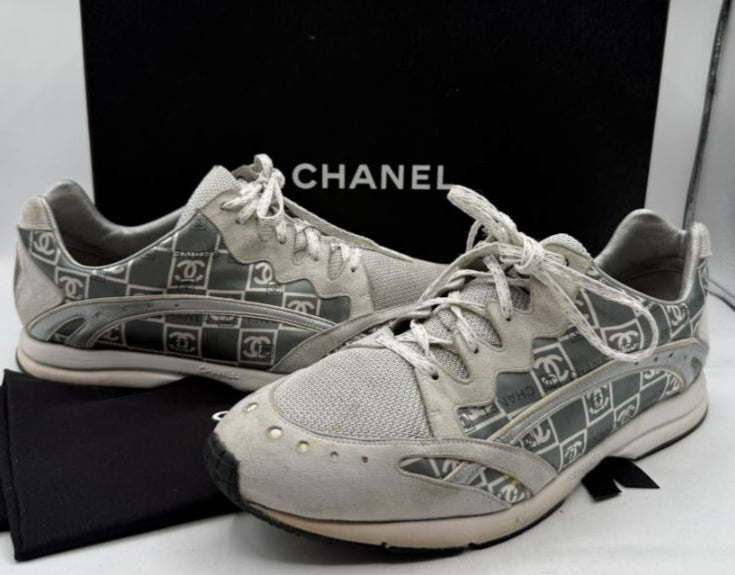 Chanel Grey & White Nylon Suede Low-Top Sneakers – Size 40