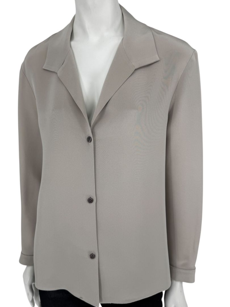 Peter Cohen Taupe-Grey Silk Button-Front Blouse with Soft Notched Collar – Size L