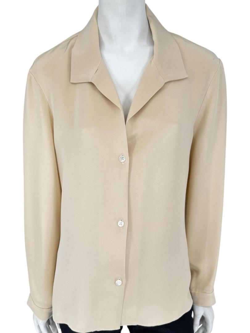 Peter Cohen Ivory Silk Button-Front Blouse with Soft Notched Collar – Size L