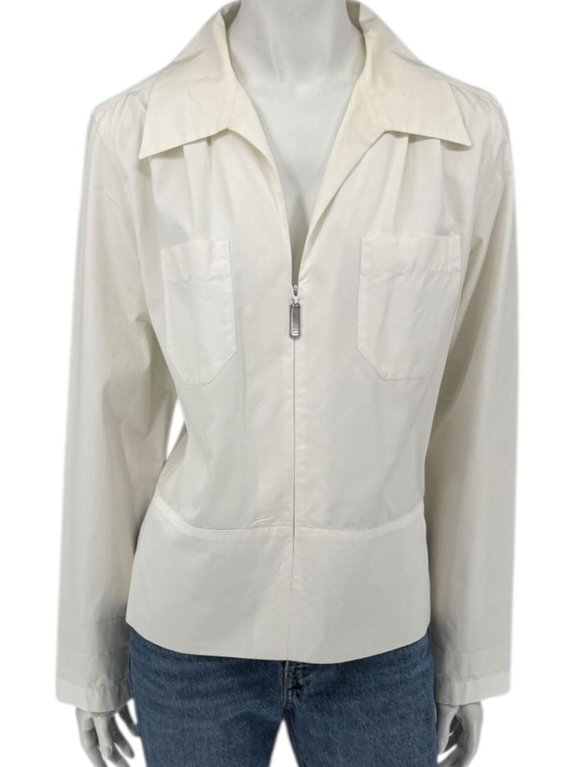 Chanel Ivory Zip-Front Cotton Blouse – Size 42