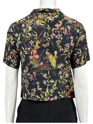 Vivienne Tam Black Floral & Peacock Print Mesh-Trim Top – Size 0