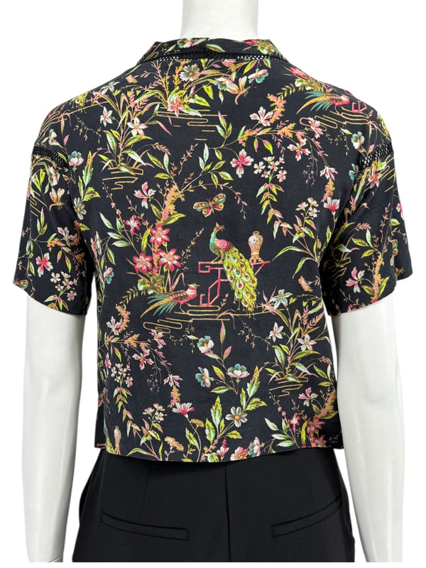 Vivienne Tam Black Floral & Peacock Print Mesh-Trim Top – Size 0