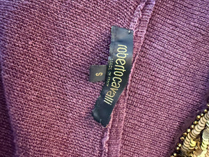 Roberto Cavalli Eggplant Cardigan with Beaded Oversized Sun Accents – Size: S