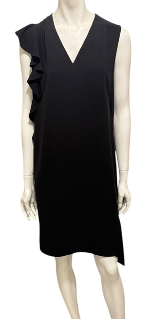 Akris Black Asymmetric Ruffle V-Neck Mini Dress – Size US 10