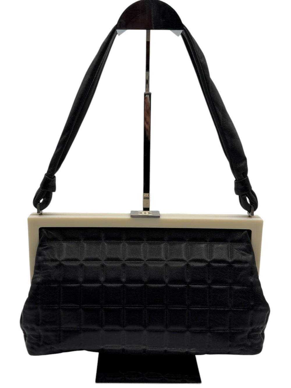 Chanel Lambskin Chocolate Bar Quilted Frame Shoulder Bag Black