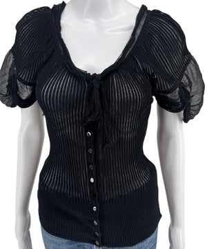 Jean Paul Gaultier Black Ribbed Sheer Top with Puff Sleeves - S