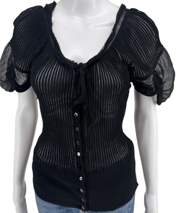 Jean Paul Gaultier Black Ribbed Sheer Top with Puff Sleeves - S