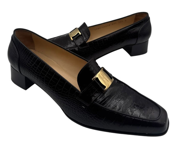 Salvatore Ferragamo Black Croc-Embossed Leather Loafers with Gold Gancini – Size 10.5 B (Made in Italy)
