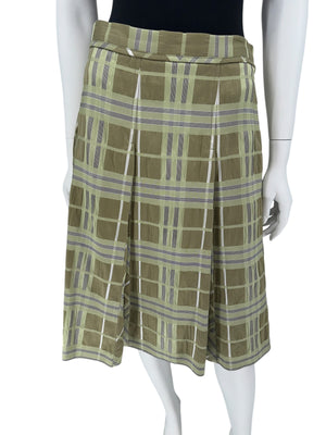 Burberry Matcha Green & Beige Plaid Cotton & Silk Pleated Skirt - Size US 12