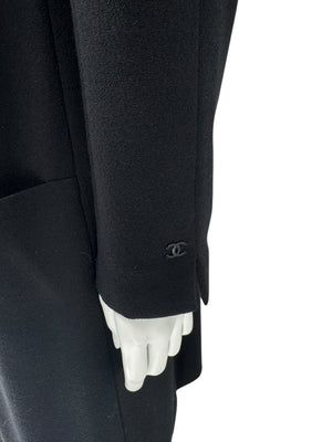 Chanel F/W 02 Long Black Wool Jacket Pearl Buttons - Size 44
