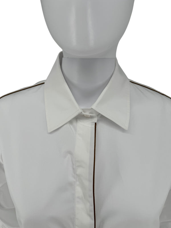 MaxMara White Cotton Dress Shirt with Brown Trim – Size 44 (IT)
