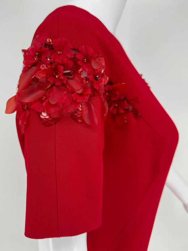 Pamella Roland Red Asymmetrical Floral Embellished Sheath Dress