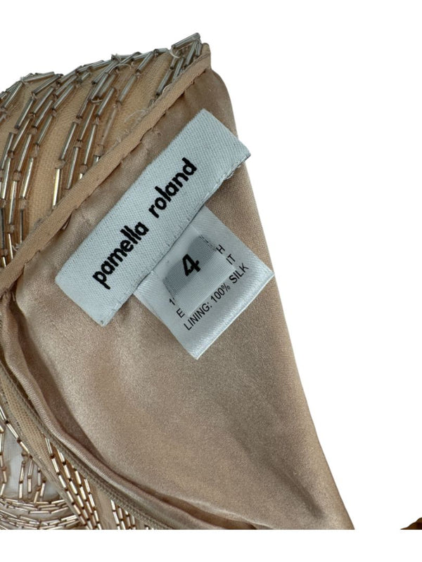 Pamella Roland Gold Beaded Illusion Mesh Evening Dress – Size 4