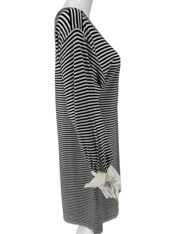 Chloé Black & White Striped Cotton Dress with Cuffed Tie Sleeves - Small