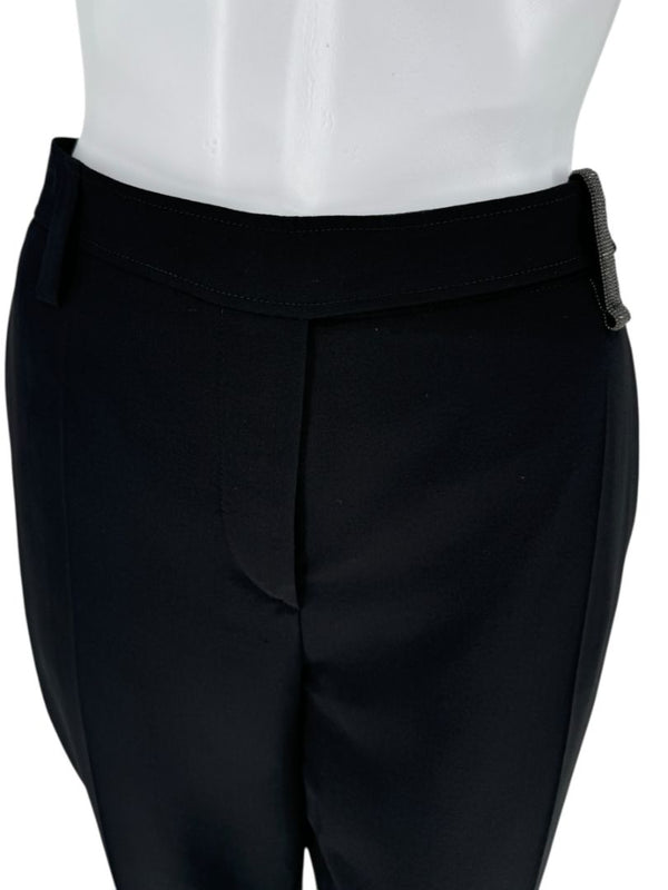Brunello Cucinelli Black Tapered Wool Trousers with Monili Belt Loop - Size 10
