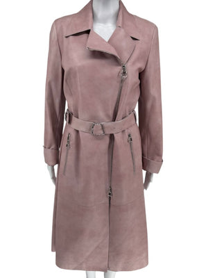 Akris Lamb Nappa Leather Moto Trench in Dusty Rose – Size 8