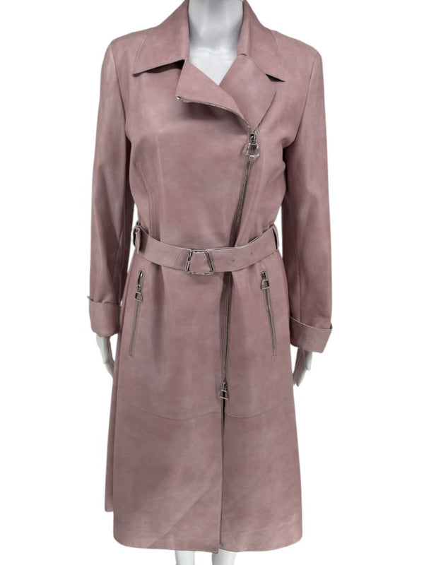Akris Lamb Nappa Leather Moto Trench in Dusty Rose – Size 8