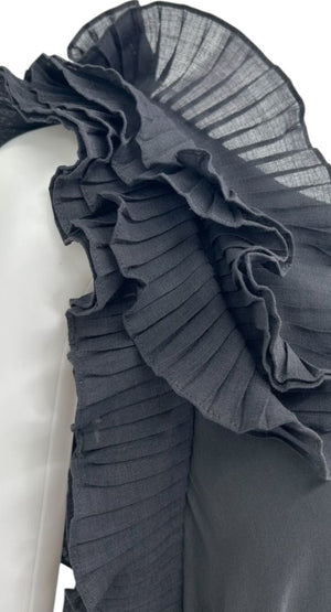 Brunello Cucinelli Black Silk Maxi Dress with Ruffled Shoulder Detail – Size XL