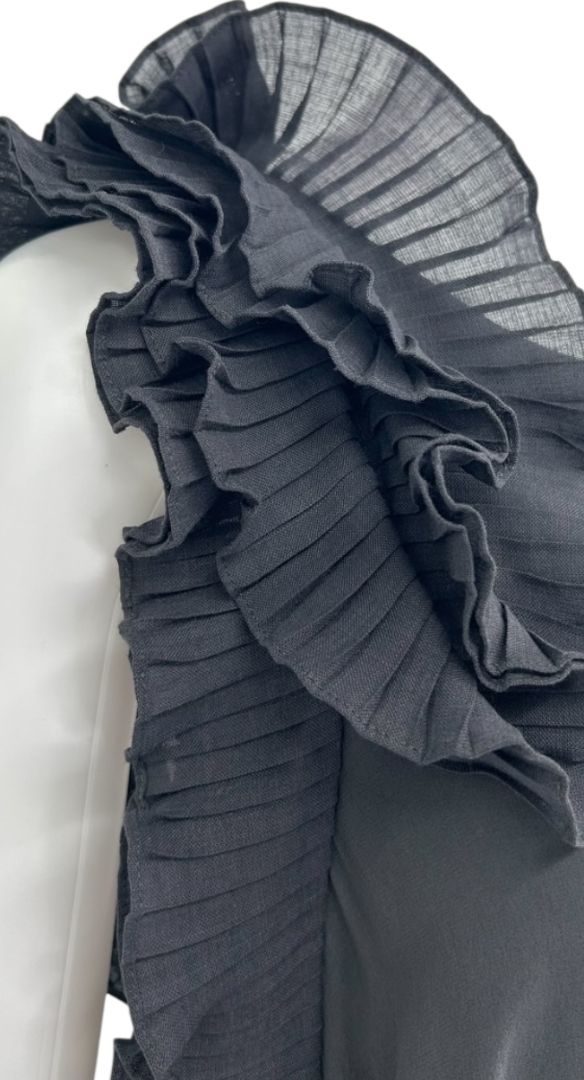 Brunello Cucinelli Black Silk Maxi Dress with Ruffled Shoulder Detail – Size XL