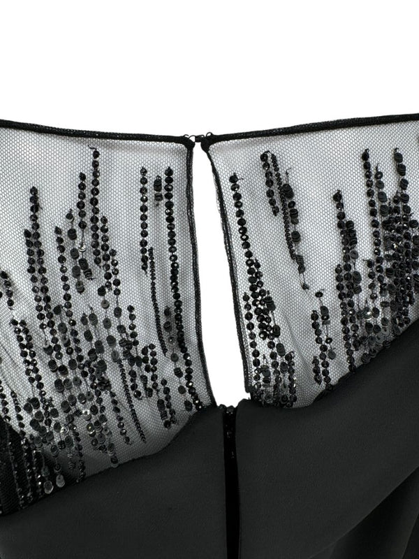 Pamella Roland Black Embellished Mesh Sleeve Cocktail Dress – Large