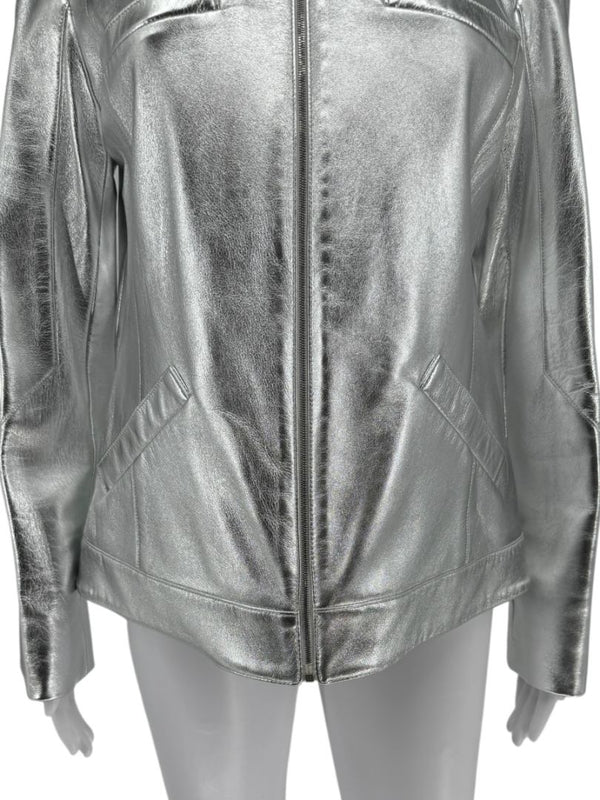 Pamella Roland Silver Metallic Leather Moto Jacket – Size 8