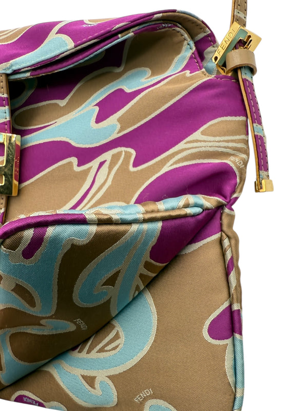 Fendi 2001 Multicolor Satin Psychedelic Print Baguette "Momma" Shoulder Bag