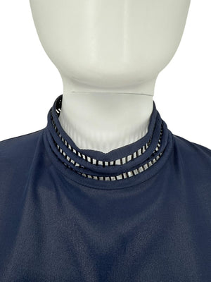 Akris Navy Mulberry Silk Blouse with Jewelry Trim – Size US 8 / FR 40 / DE 38