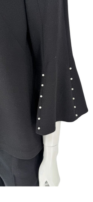 Lela Rose Black Wool-Blend Bell Sleeve Top with Pearl Trim – Size 6