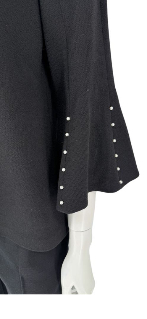 Lela Rose Black Wool-Blend Bell Sleeve Top with Pearl Trim – Size 6