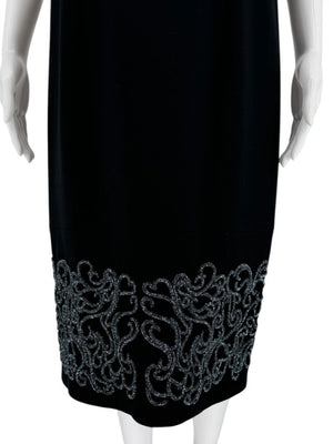 Pamella Roland Black Sleeveless Sheath Dress with Beaded Scroll Embellishment – Large
