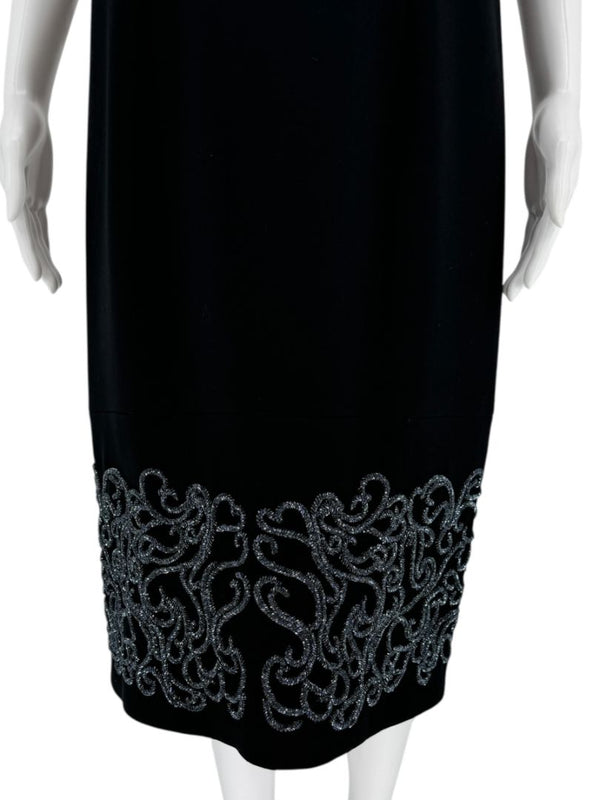 Pamella Roland Black Sleeveless Sheath Dress with Beaded Scroll Embellishment – Large