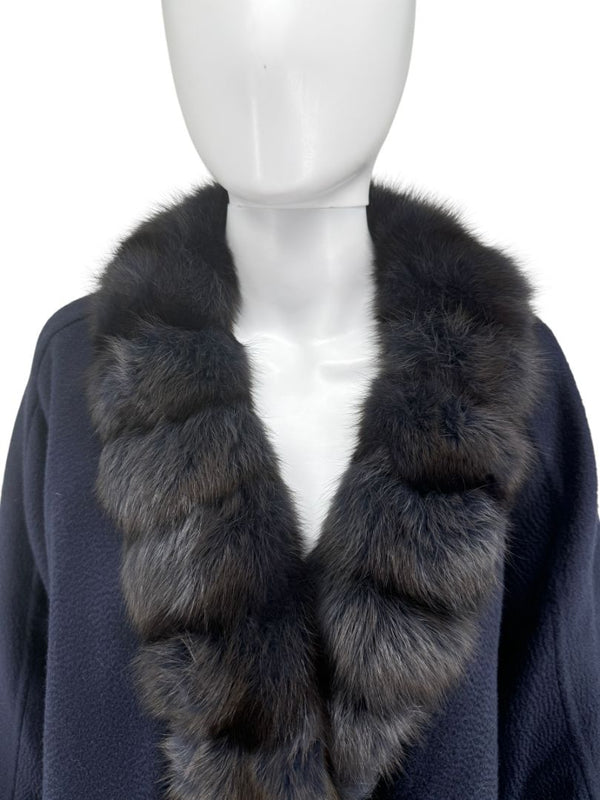 Pamella Roland Navy Cashmere Blend Cape with Genuine Fur Trim - One Size