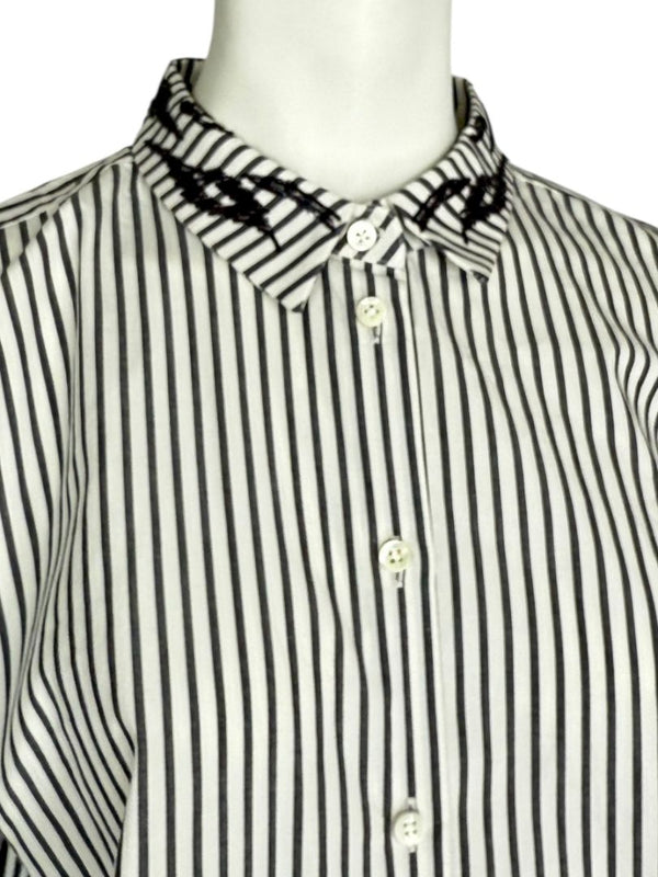 Brunello Cucinelli Gray & White Vertical Stripe Embroidered Collar Shirt – Size XL