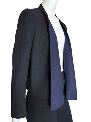 Akris Bergdorf Goodman Linen-Blend Cropped Open Jacket – Black & Navy – Size US 10