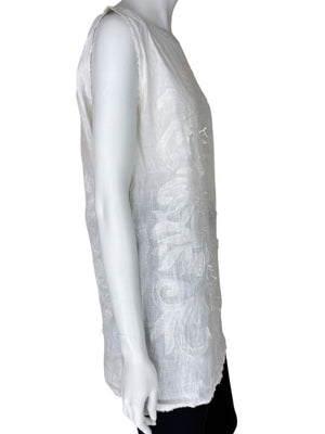 Fendi White Linen Sleeveless Tunic with Textured Floral Appliqué – Size L