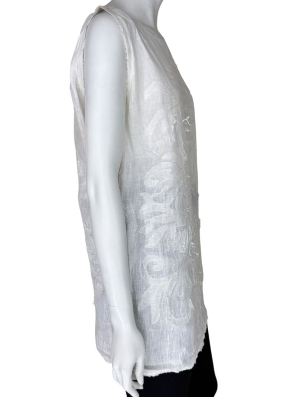 Fendi White Linen Sleeveless Tunic with Textured Floral Appliqué – Size L
