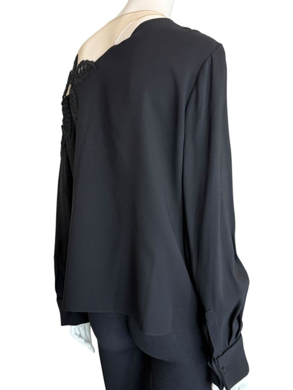 Oscar de la Renta Resort 2019 Black Silk Embroidered Illusion Neck Blouse – Size 8 - NWT