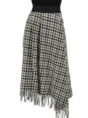 Brunello Cucinelli Black & Ivory Checked Wool Skirt with Fringe Hem – Size IT 44 (US 8)